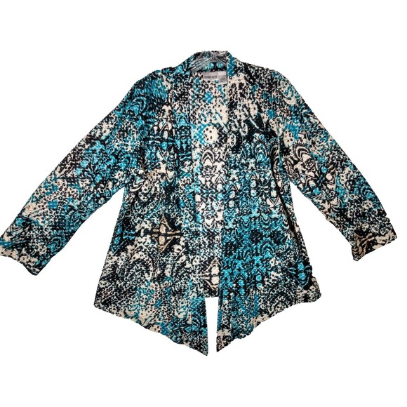 Chico's Womens Open Cardigan Size 2 L/12 Long Sleeve Blue Black Artsy Sheer Boho - Picture 1 of 8